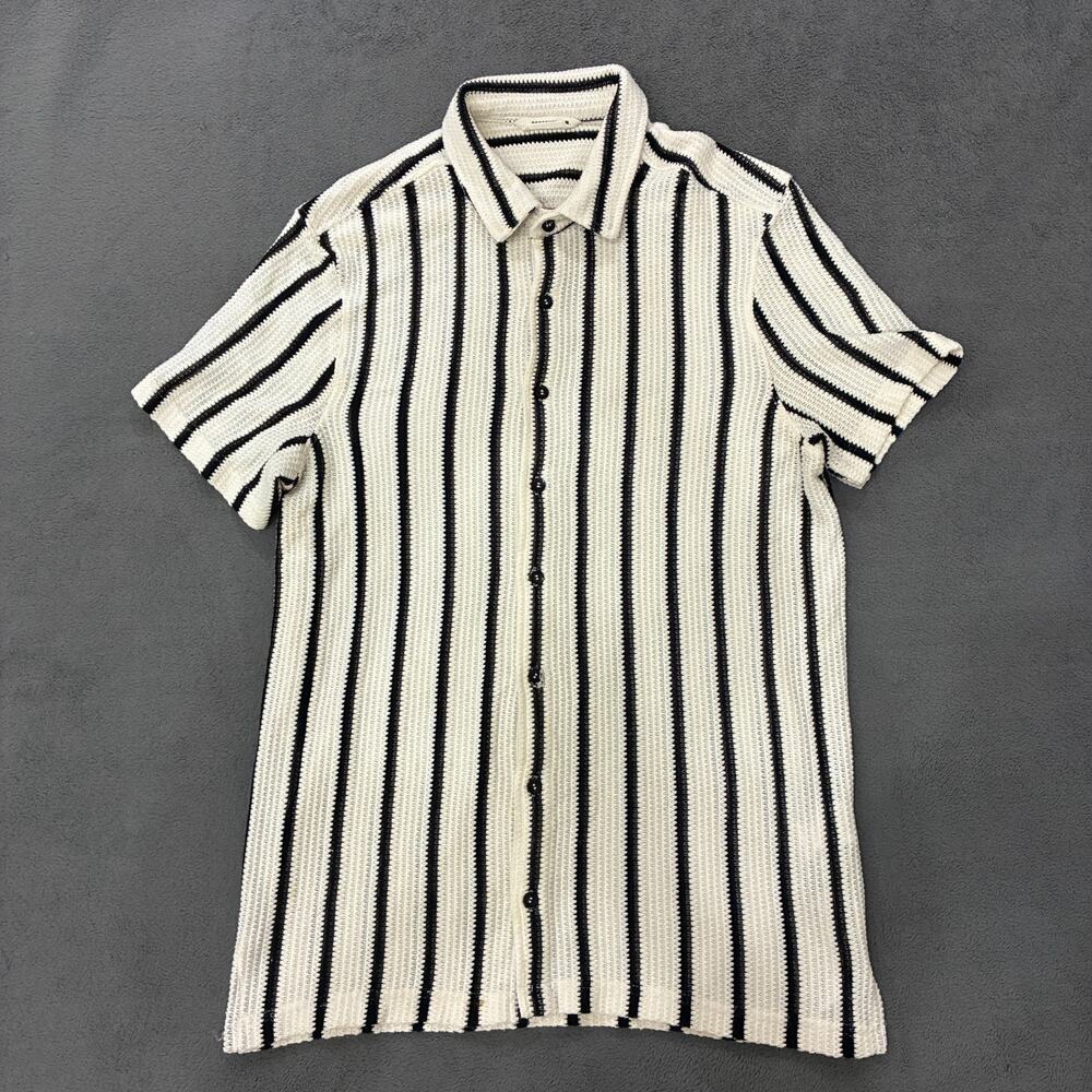Reserved Cream Black Regular Fit Stripe Short Sleeve Button Up Shirt Mens Size L